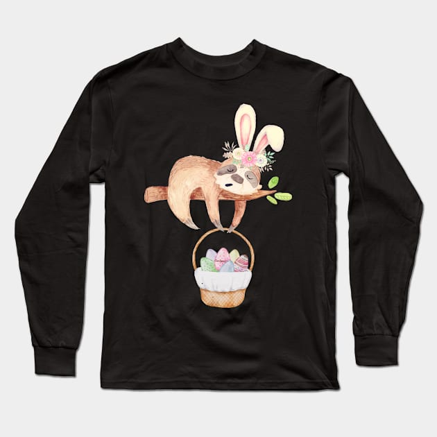 Cute Easter Sloth Long Sleeve T-Shirt by Qibar Design